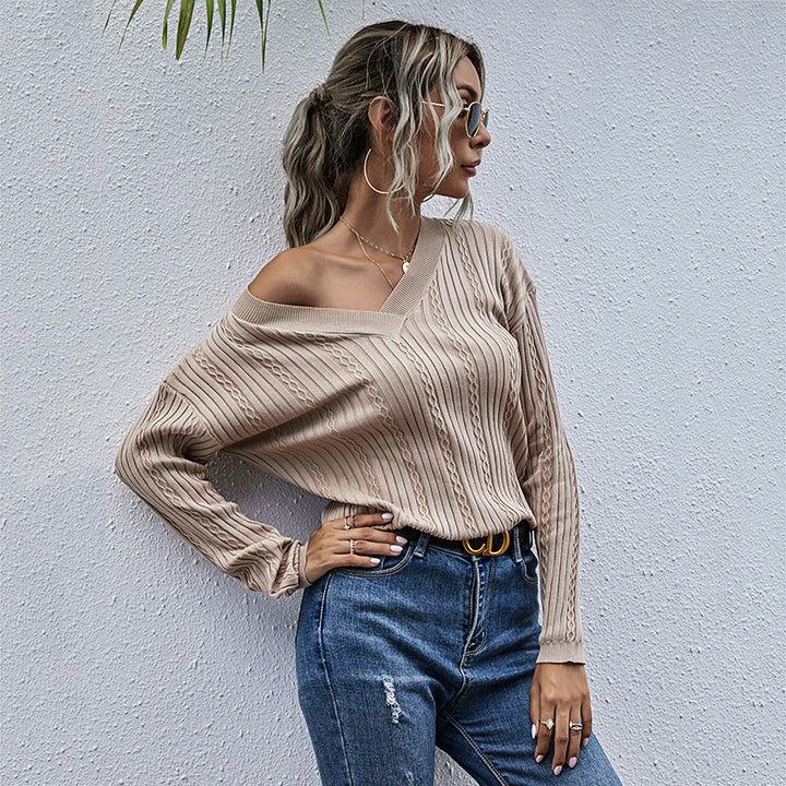 Damen Strickpullover mit V-Ausschnitt und modischem Rippenmuster Drune