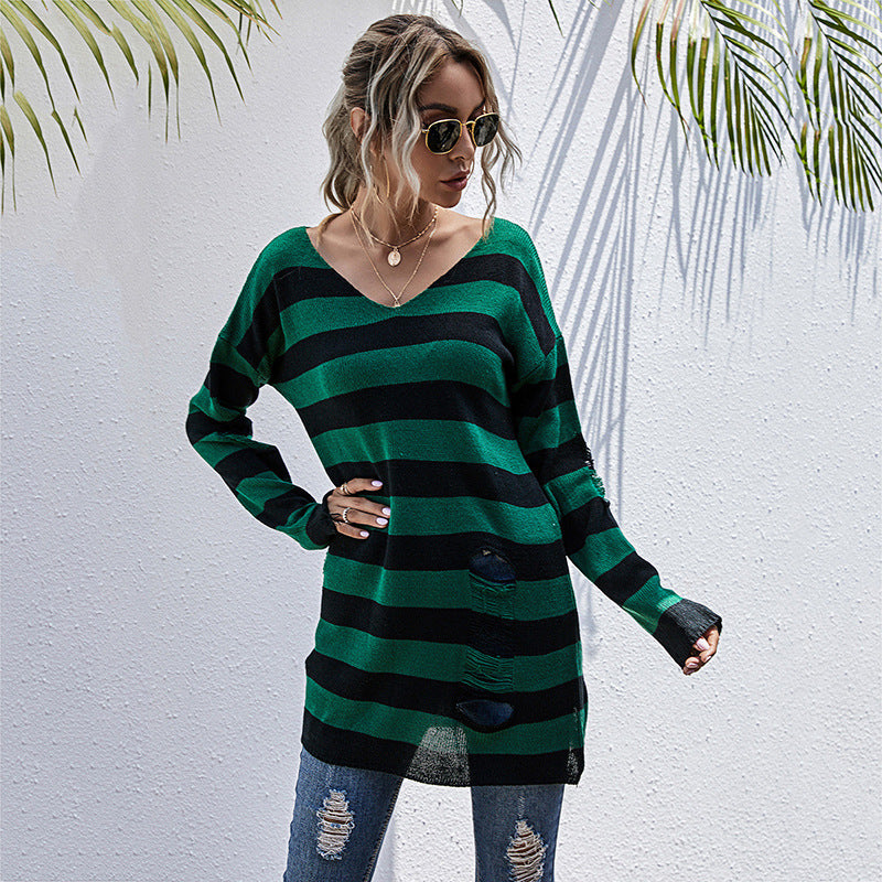 Damen Oversized Strickpullover mit tiefem V-Ausschnitt und modischem Streifenmuster Drune