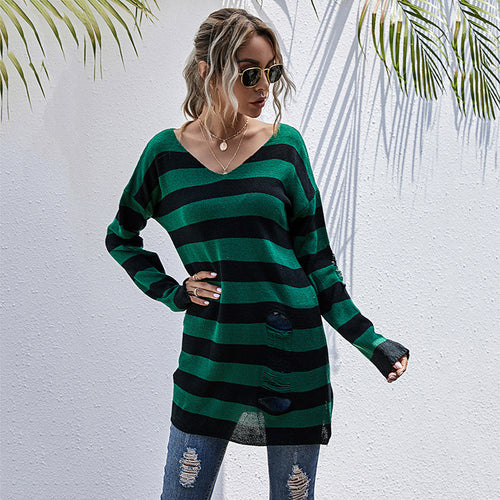 Damen Oversized Strickpullover mit tiefem V-Ausschnitt und modischem Streifenmuster Drune