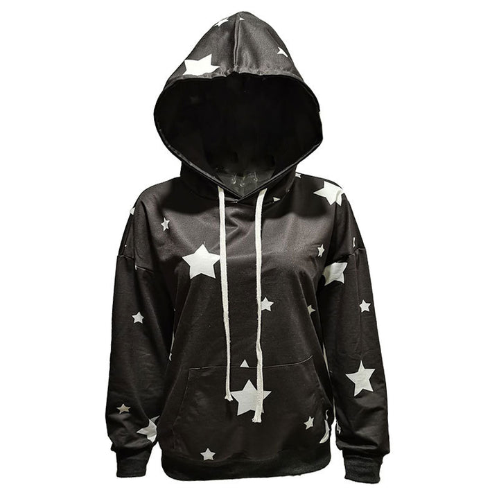 Damen lockerer Hoodie mit Sternenmotiv und praktischer Kängurutasche Drune