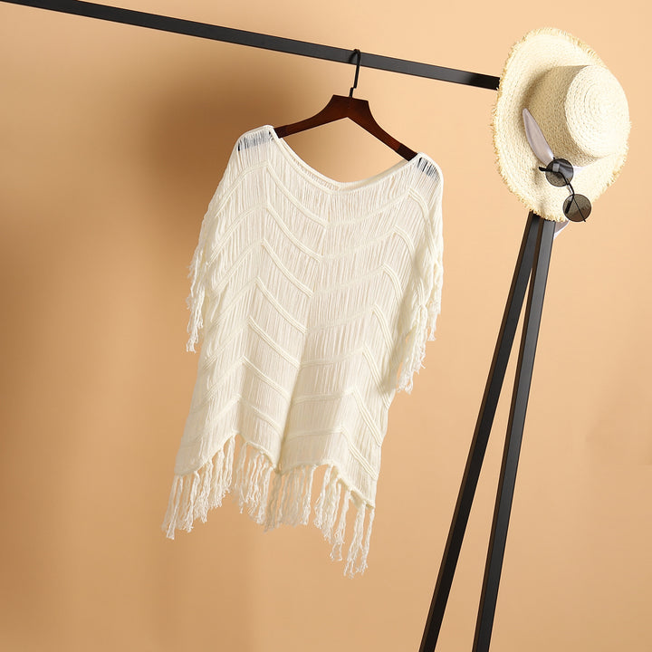 Damen luftiger Häkel-Strandponcho mit Fransen und elegantem Design Drune
