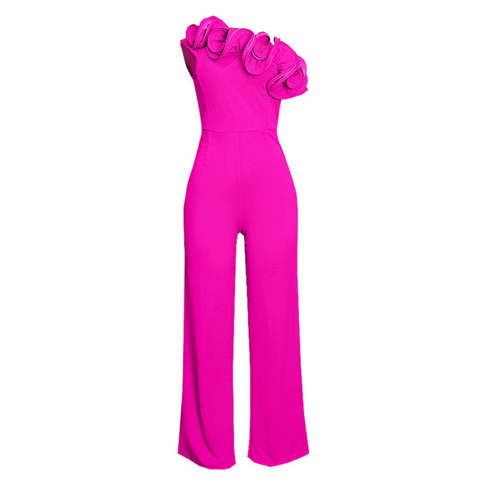 Damen eleganter Jumpsuit mit asymmetrischem Schnitt und voluminösen Rüschendetails Drune