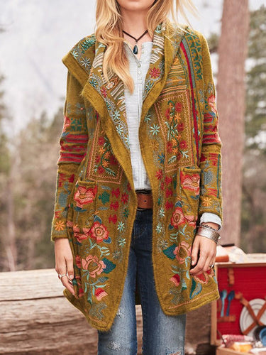 Damen Strickmantel mit einzigartiger Blumenstickerei und Kapuze Drune