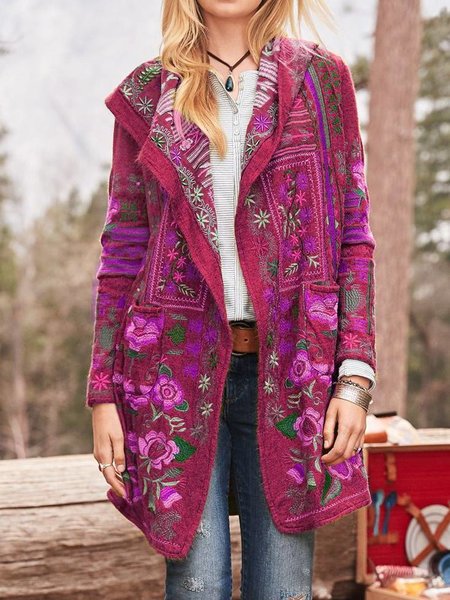 Damen Strickmantel mit einzigartiger Blumenstickerei und Kapuze Drune