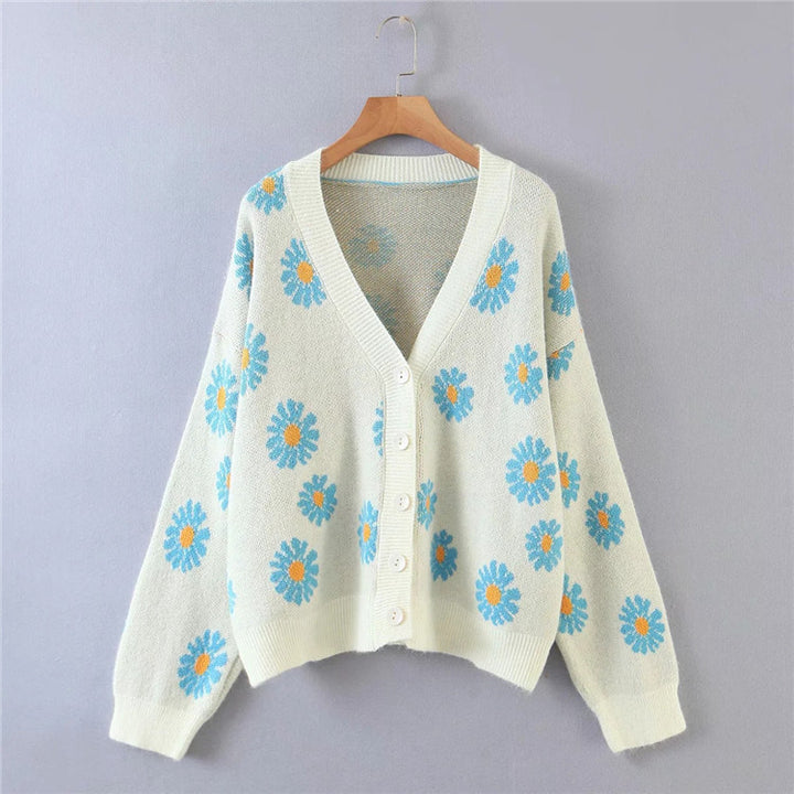 Damen Strickjacke mit floralem Design und V-Ausschnitt Drune