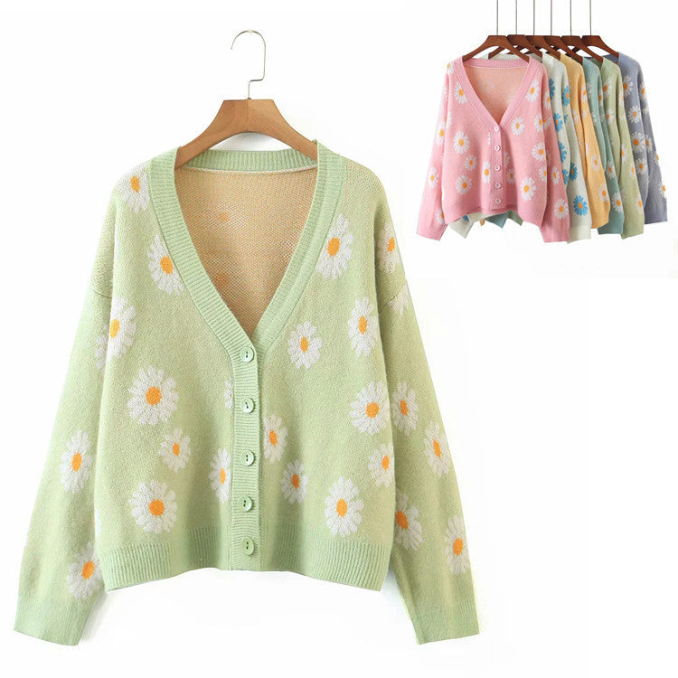 Damen Strickjacke mit floralem Design und V-Ausschnitt Drune