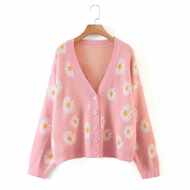 Damen Strickjacke mit floralem Design und V-Ausschnitt Drune