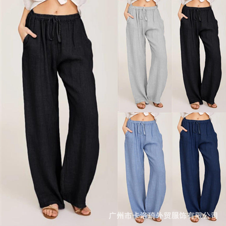 Damen nan weite Leinenhose mit elastischem Bund Kordelzug und Seitentaschen Drune