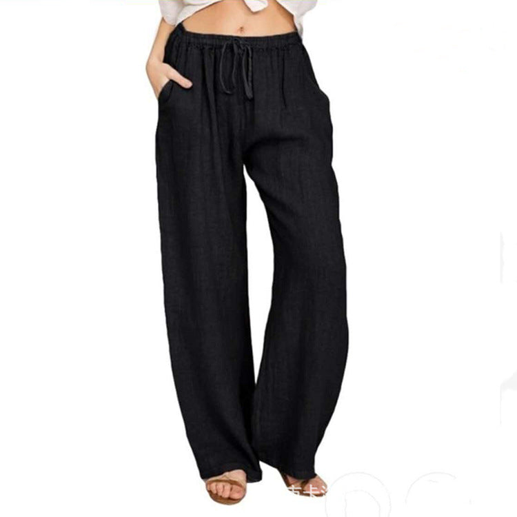 Damen nan weite Leinenhose mit elastischem Bund Kordelzug und Seitentaschen Drune