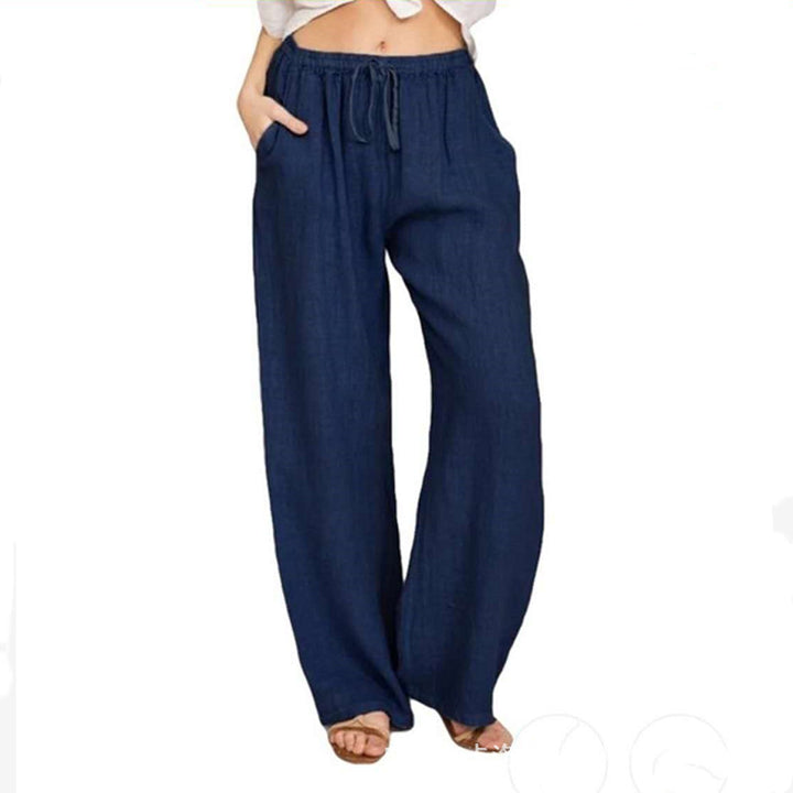 Damen nan weite Leinenhose mit elastischem Bund Kordelzug und Seitentaschen Drune