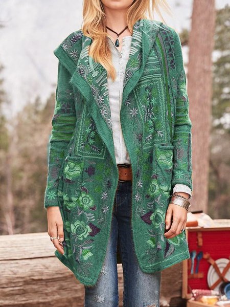 Damen Strickmantel mit einzigartiger Blumenstickerei und Kapuze Drune