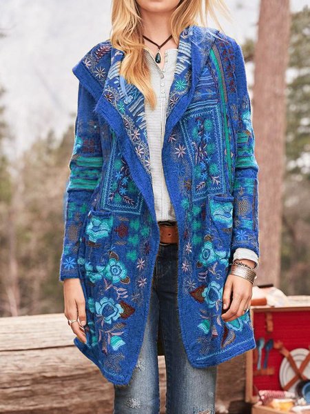 Damen Strickmantel mit einzigartiger Blumenstickerei und Kapuze Drune