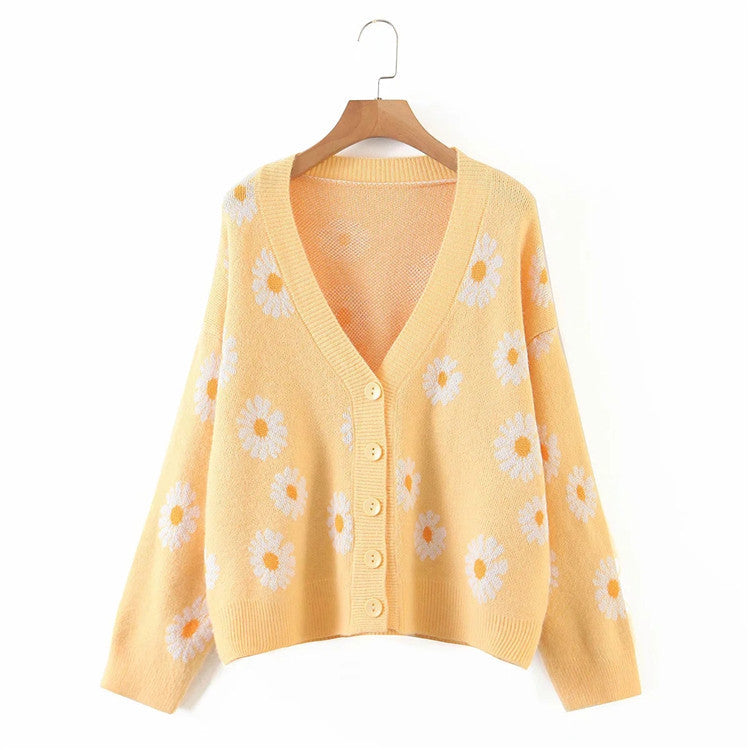 Damen Strickjacke mit floralem Design und V-Ausschnitt Drune