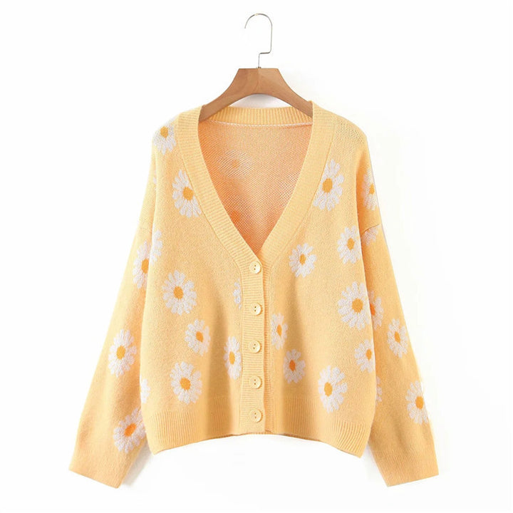 Damen Strickjacke mit floralem Design und V-Ausschnitt Drune