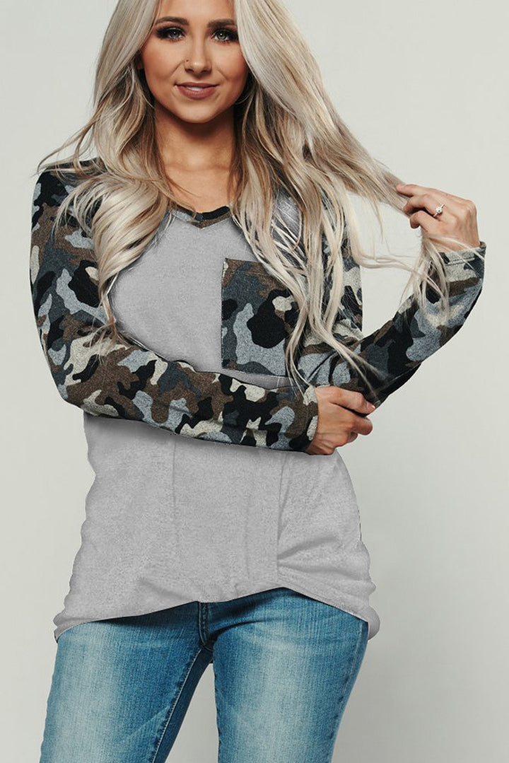 Damen lässiges Langarmshirt mit einzigartigem Camouflage-Ärmel und Brusttasche Drune