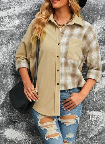 Drune | Karierte Farbblock Gefallen Schulter Corduroy Shacket