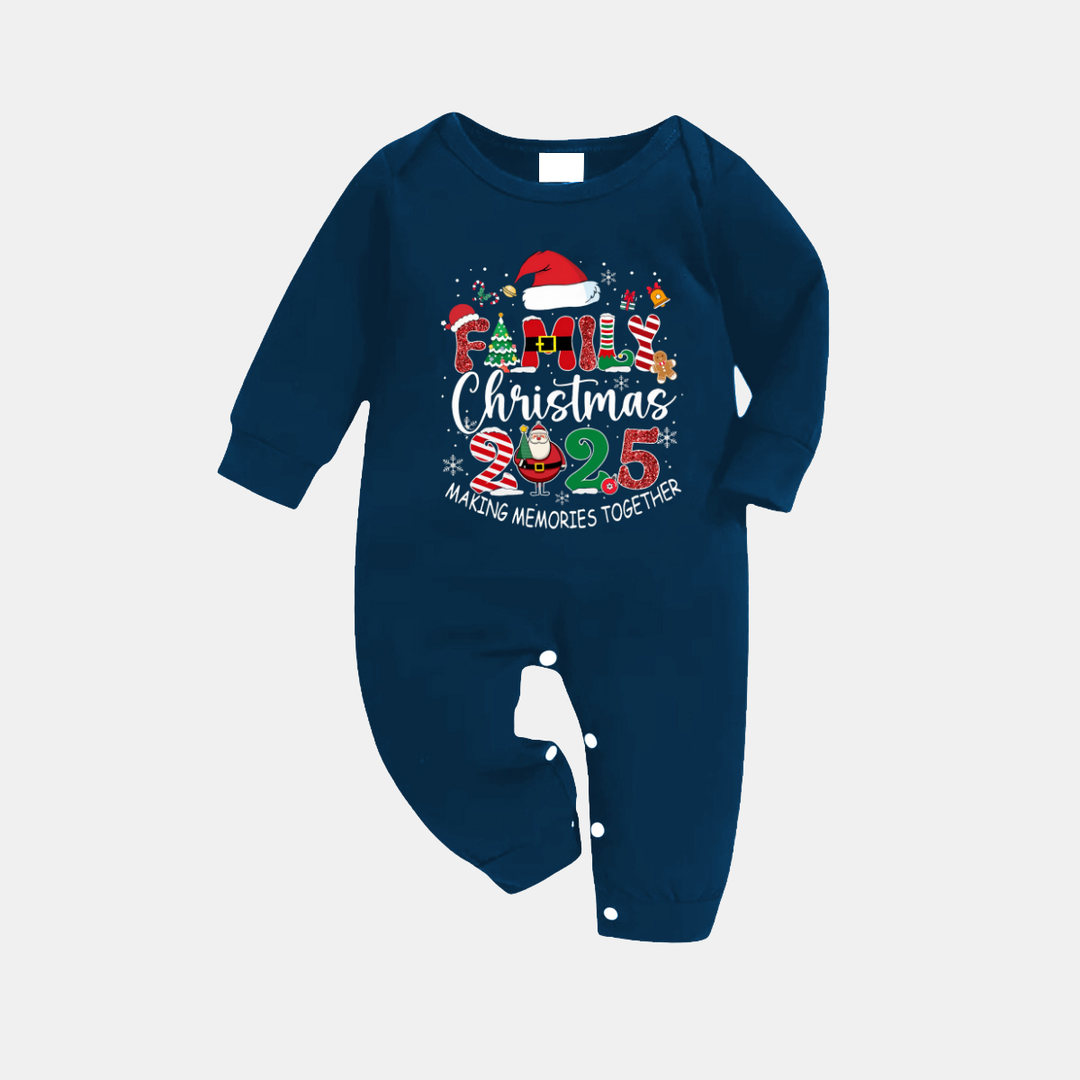Drune | Marineblaues und Himmelsblaues Karomuster Weihnachts-Pyjama-Set mit "Familien-Weihnachten 2025 Erinnerungen gemeinsam schaffen" Textdruck