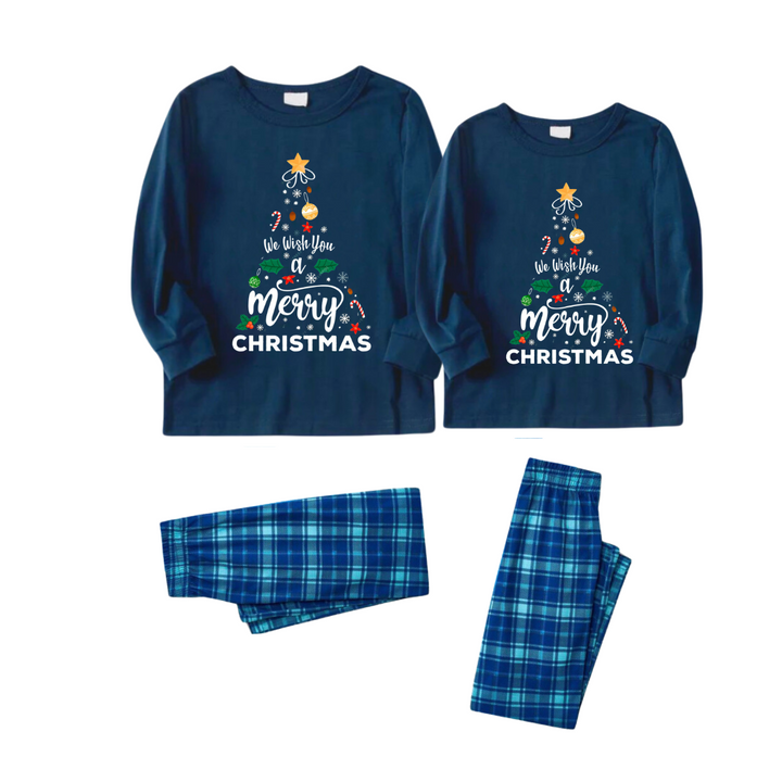 Drune | "Wir wünschen Ihnen frohe Weihnachten" bedrucktes blaues Langarmoberteil mit blau-grünen karrierten Paar-Matching-Pyjamas