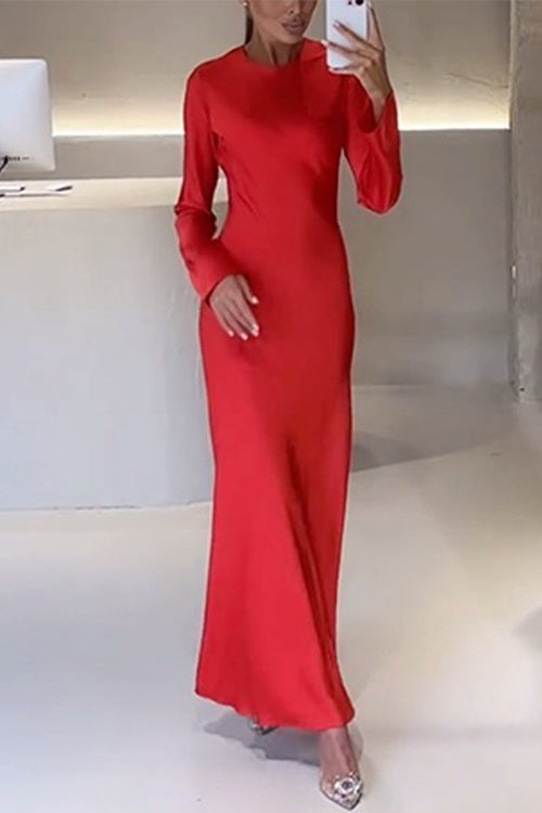 Drune | Rosiedress Rundhals Lange Ärmel Satin Maxi Partykleid