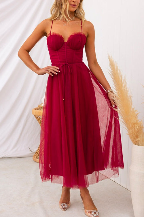 Drune | Rosiedress Offene Rücken Taillierte Swing Maxi Cami Tüll Kleid
