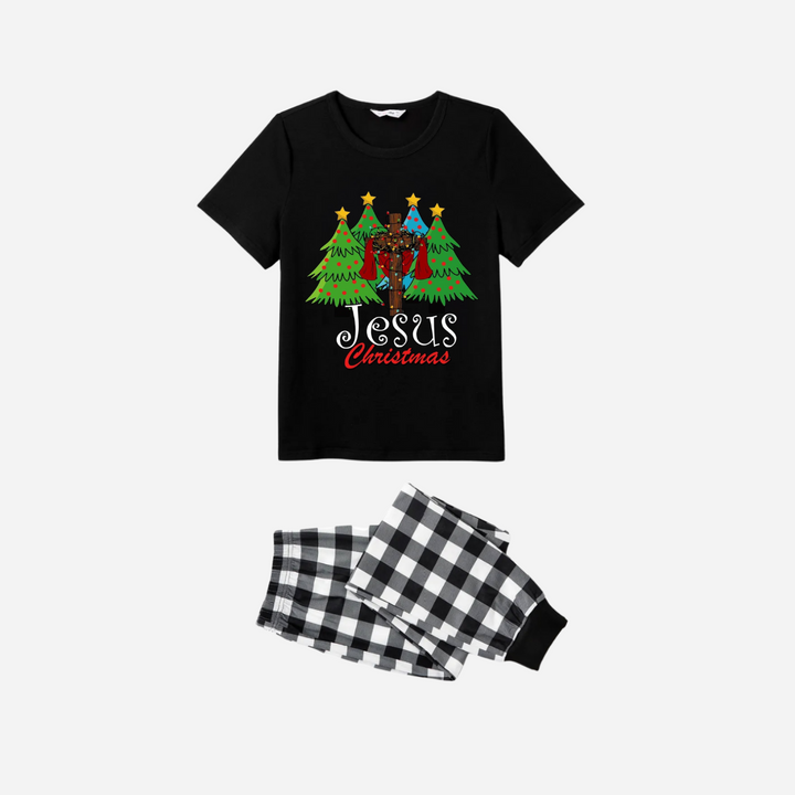 Drune | Jesus Weihnachten Familie Passende Schlafanzug Set - Schwarzes Oberteil mit Schwarz-weißem Karohosen