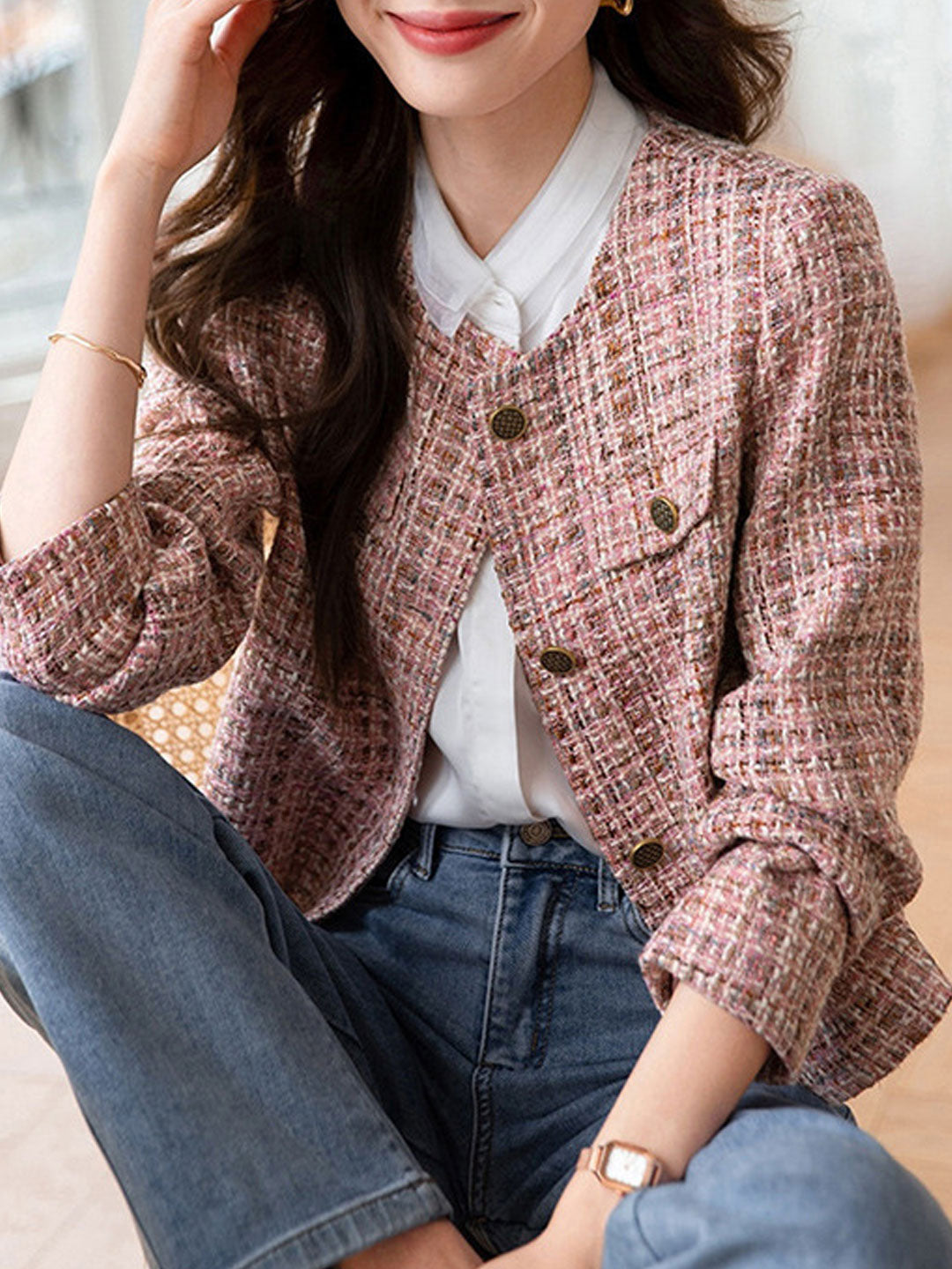 Drune | Elegante Rundhals-Pink-Tweed-Jacke
