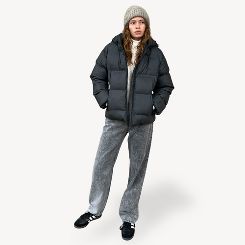 Drune | Damen Schwarze Kapuzen-Puffermantel Winter Polyester Jacke