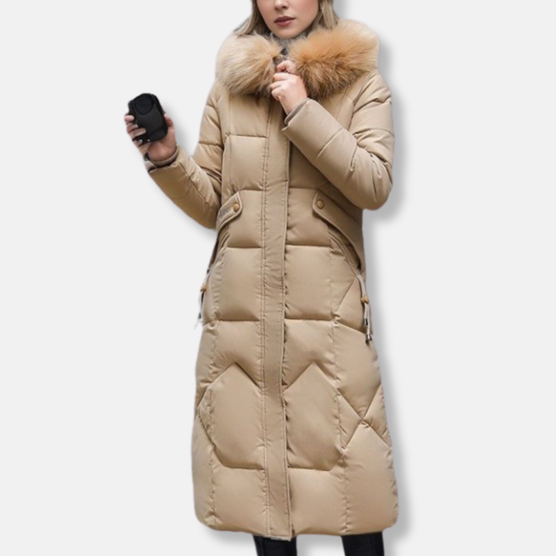 Drune | Damen Wattierte Jacke – Schmaler Schnitt – Ge quiltetes Design – Abnehmbarer Pelzkragen – Voller Länge