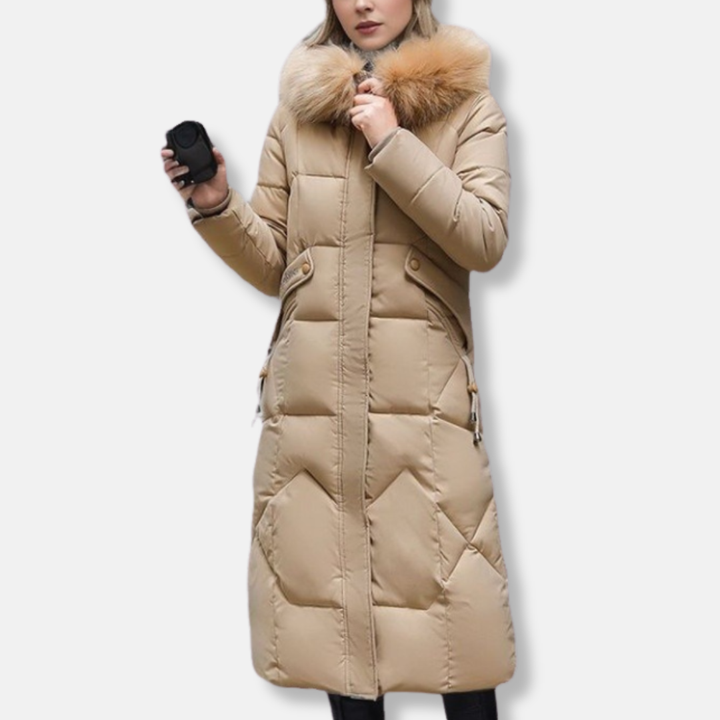 Drune | Damen Wattierte Jacke – Schmaler Schnitt – Ge quiltetes Design – Abnehmbarer Pelzkragen – Voller Länge