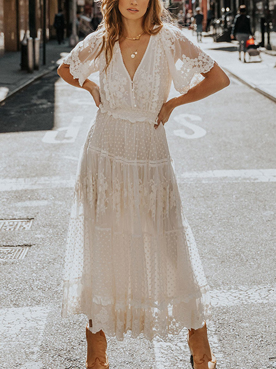 Drune | Chiffon Spitze Kurze Ärmel Boho V-Ausschnitt Maxi Kleid