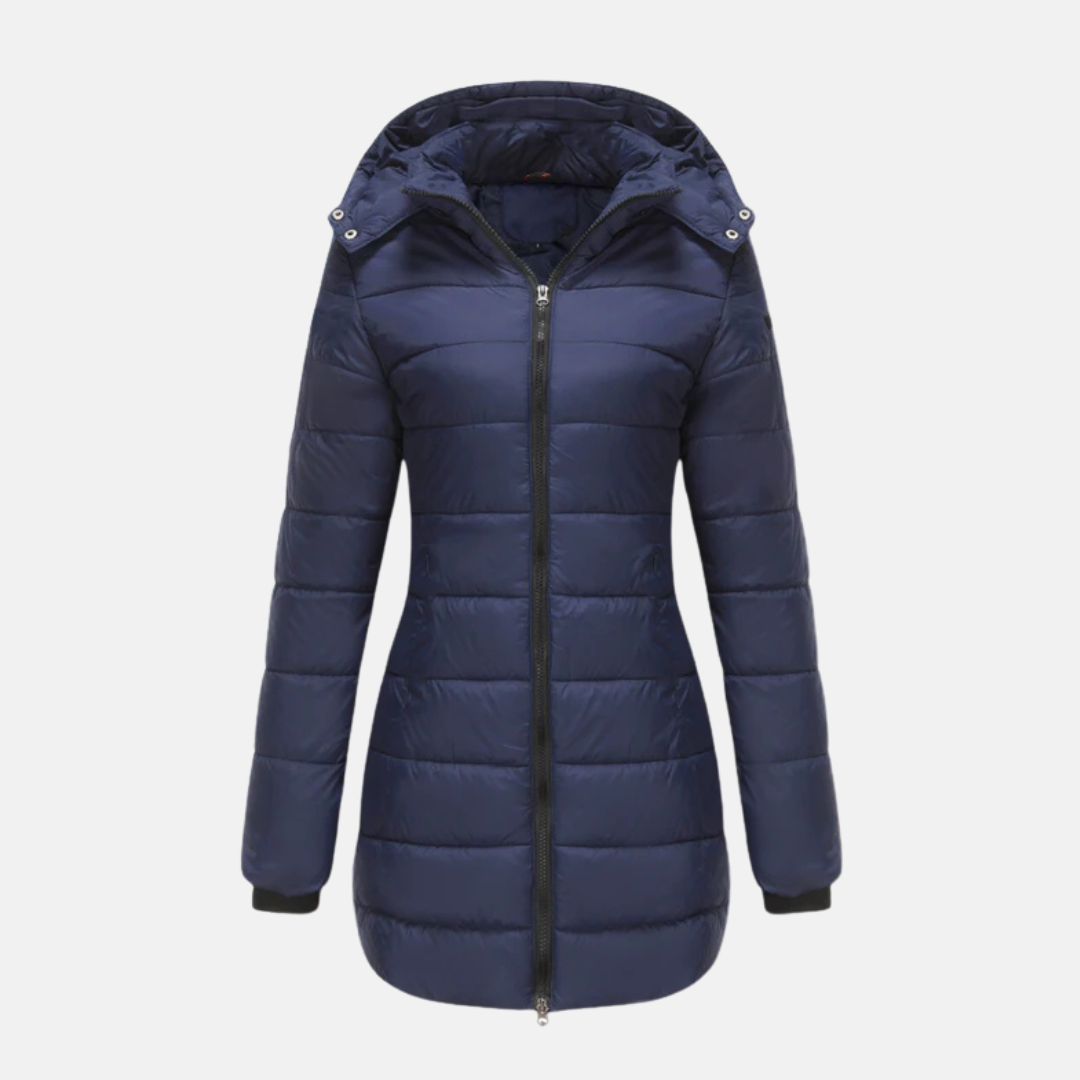 Drune | Damen Langjacke mit Fütterung – Gestepptes Design – Mit Kapuze – Zwei-Wege-Reißverschluss – Elastische Bündchen