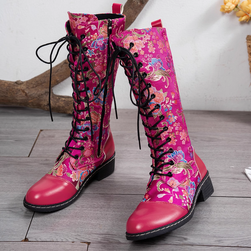 Drune | Florale Stickerei Fuchsia Kunstleder Stiefel