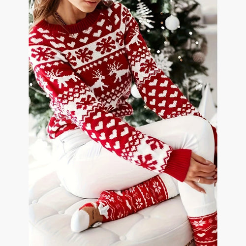 Drune | Bequem Elegant Rot Rentier Schneeflocke Rundhals Pullover