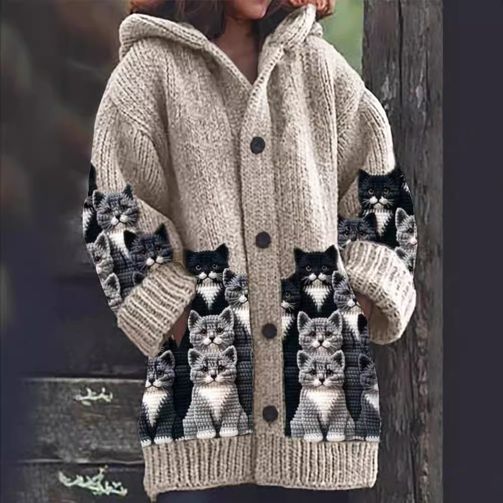 Drune | Gemütlicher Gestrickter Katze Druck Cardigan