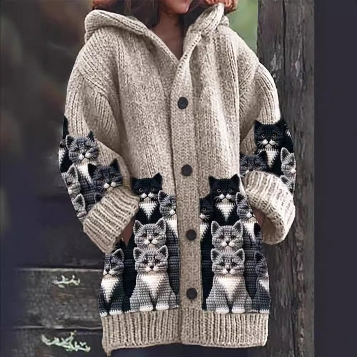 Drune | Gemütlicher Gestrickter Katze Druck Cardigan