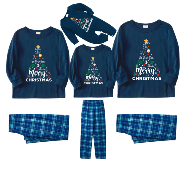 Drune | "Wir wünschen Ihnen ein frohes Weihnachten" Bedrucktes blaues Langarmoberteil mit blauer Karomuster Familien-Pyjamas im Partnerlook