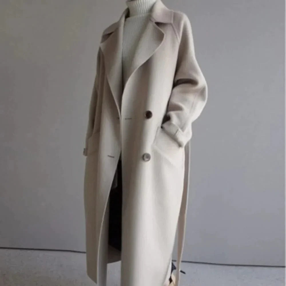 Drune | Lange Wolljacke Klassische Passform Doppelreihig Mit Gürtel Elegantes Design