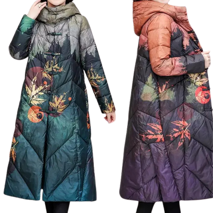 Drune | Damen Lange Winter Puffermantel Blattdruck