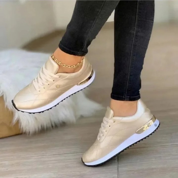 Drune | Gold Leder atmungsaktive runde Zehen Damen Schuhe