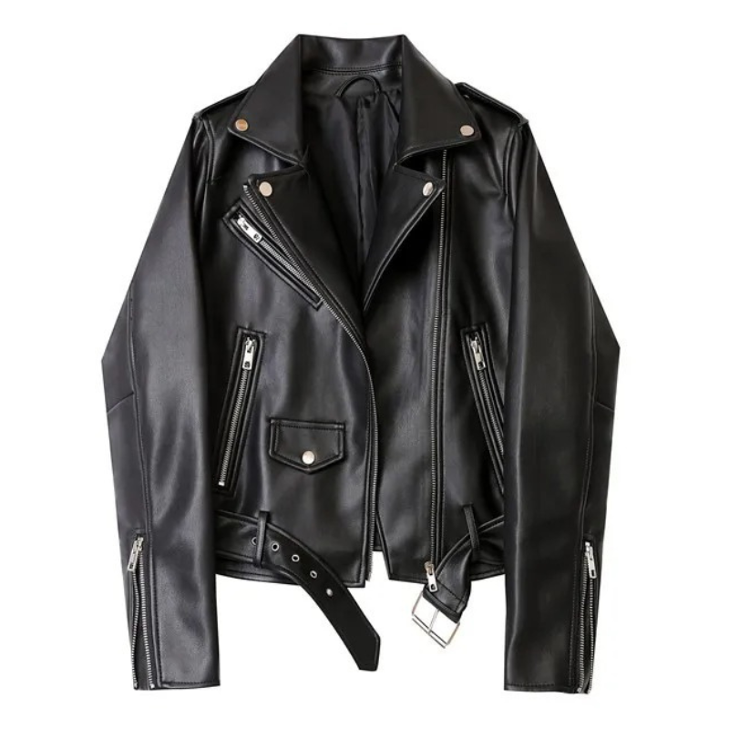Drune | Damen-Biker-Lederjacke mit Reißverschlüssen und Gürtel