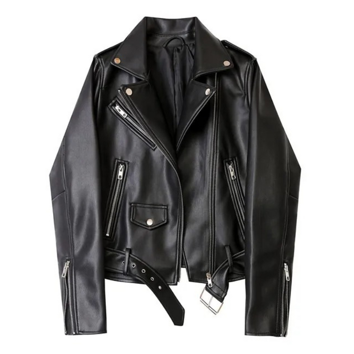 Drune | Damen-Biker-Lederjacke mit Reißverschlüssen und Gürtel