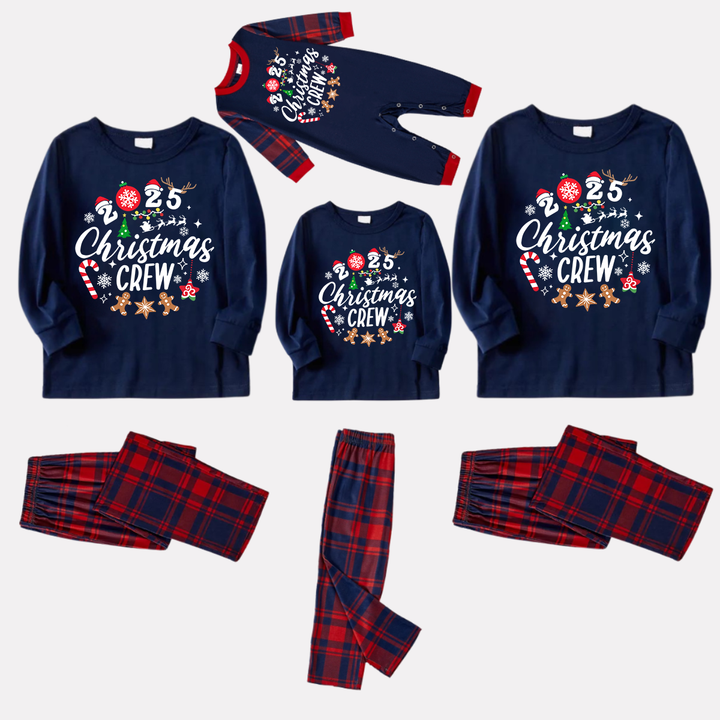 Drune | "2025 Weihnachtsmann Crew" Text und Santa Hat Drucke Blau Langarm Top mit Rot- und Blaukarierten Hosen Weihnachts Matching Pyjamas