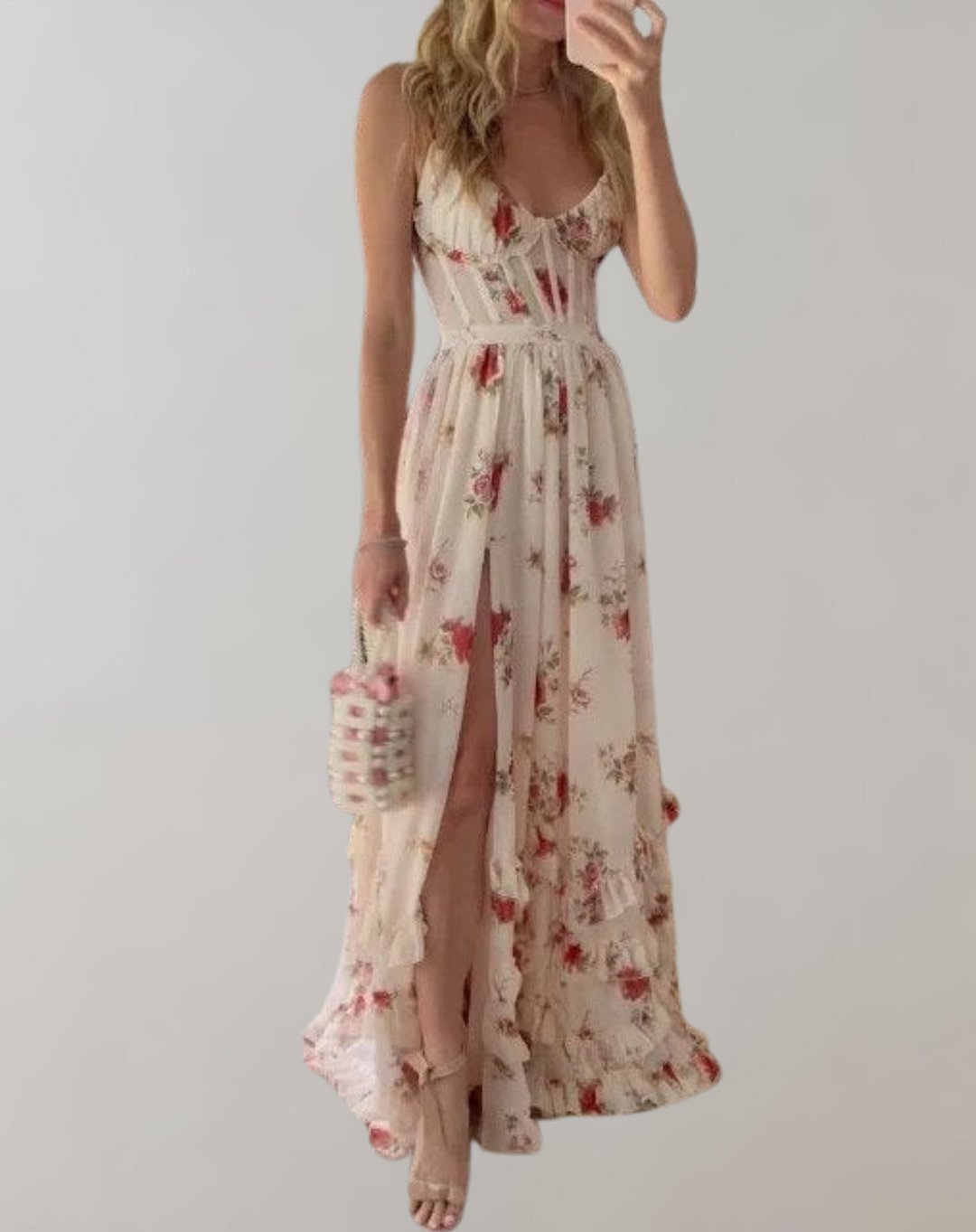 Drune | Ärmelloses, tailliertes Kleid mit Blumendruck und sexy Beinausschnitt