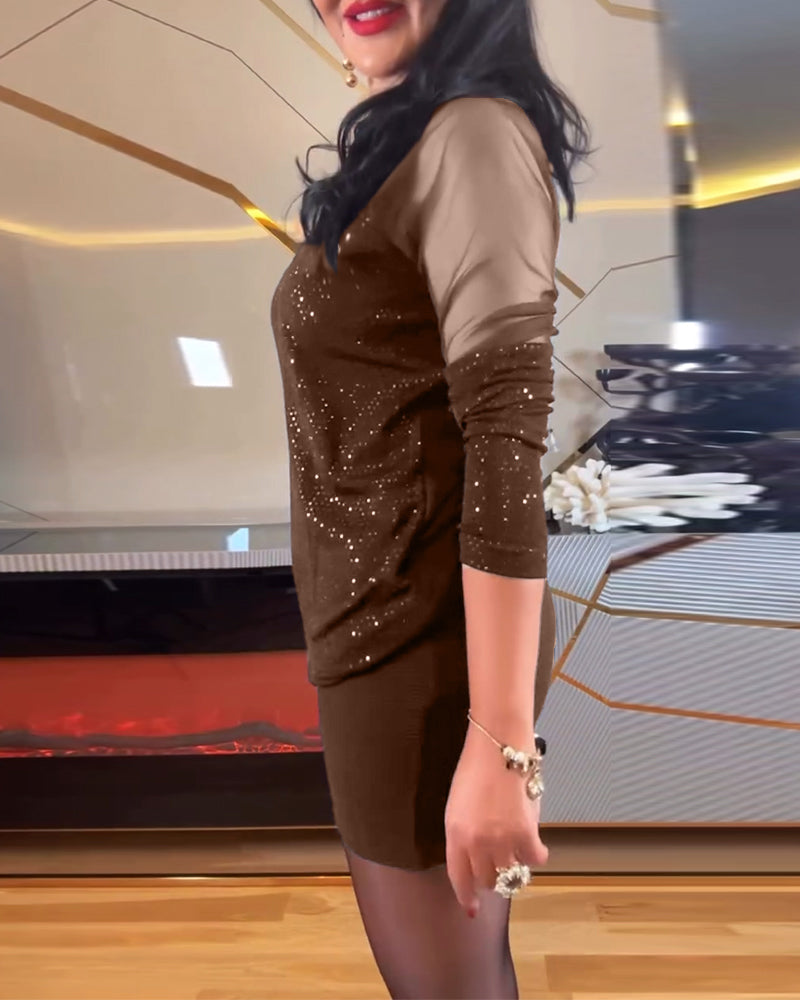 Drune | Sexy V-Ausschnitt Mesh und Einfarbig Pailletten