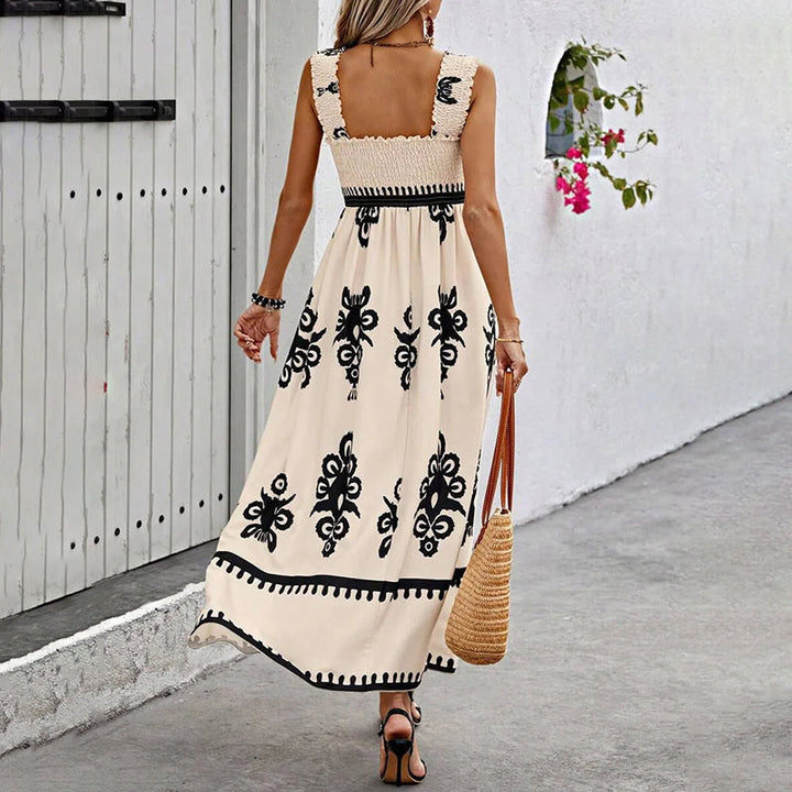 Drune Retro Kleid | Langes Kleid mit Retro-Druck und Schulterriemen