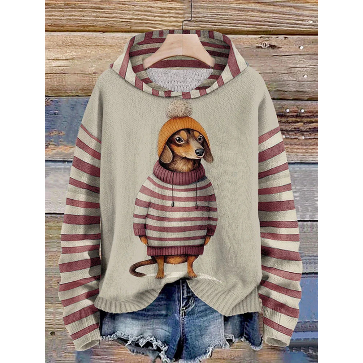 Drune | Damen Relaxed Fit Fleece Gefühl Hund Druck Gestreifte Ärmel