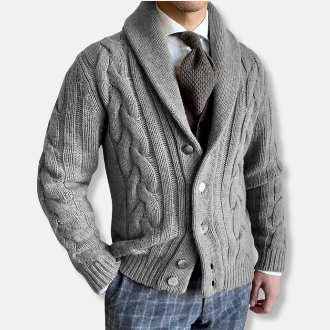 Drune | Strickjacke Wollmischung Reguläre Passform Kabelstrick Schalkragen Knopfverschluss