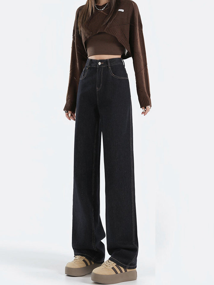 Drune | Lockere Dunkle Hohe Taillen Bodenlange Denim Hose