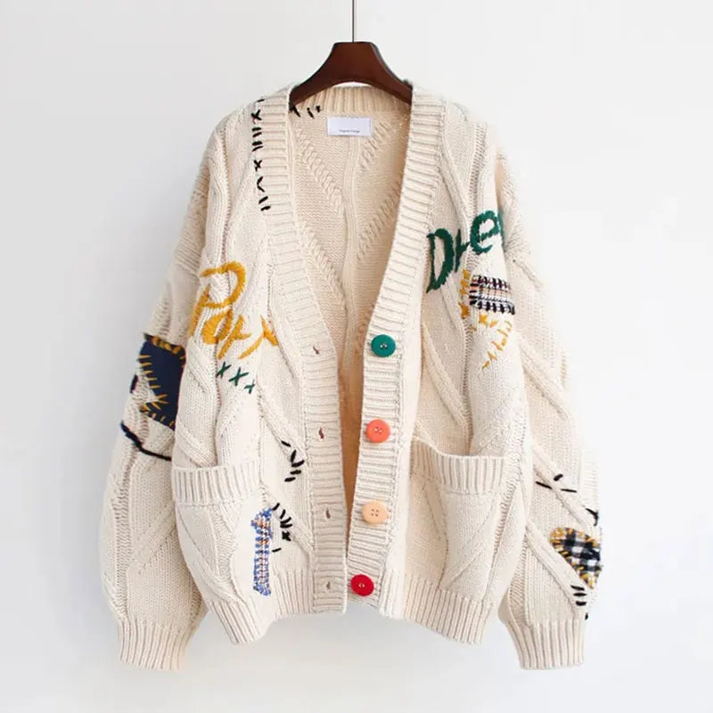 Drune | Gestrickte V-Ausschnitt Damenjacke mit Stickerei