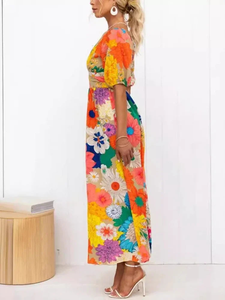 Drune Floral Sommerkleid | Luftiges elegantes Sommerkleid mit V-Ausschnitt und Bubble Sleeves und Blumendruck